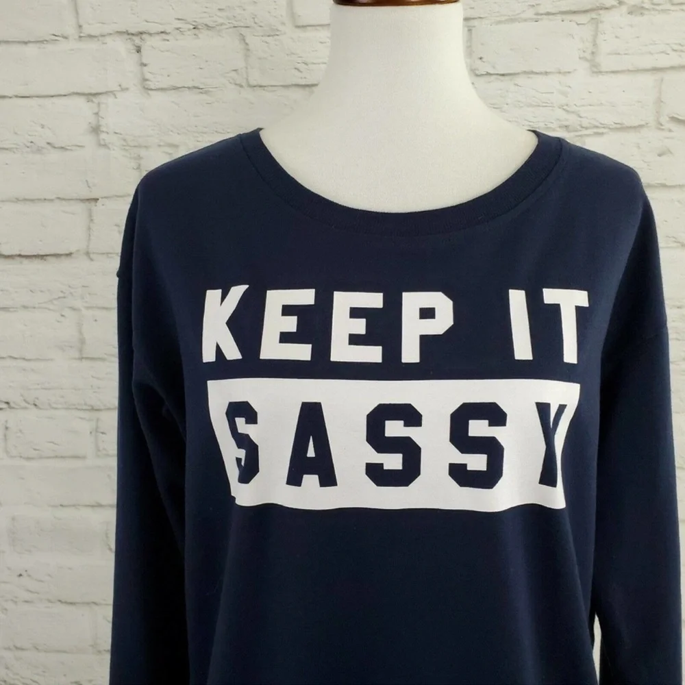Fifth Sun Keep It Sassy Top L Large Blue White Spell Out Graphic Lace Up Sides - Picture 2 of 9